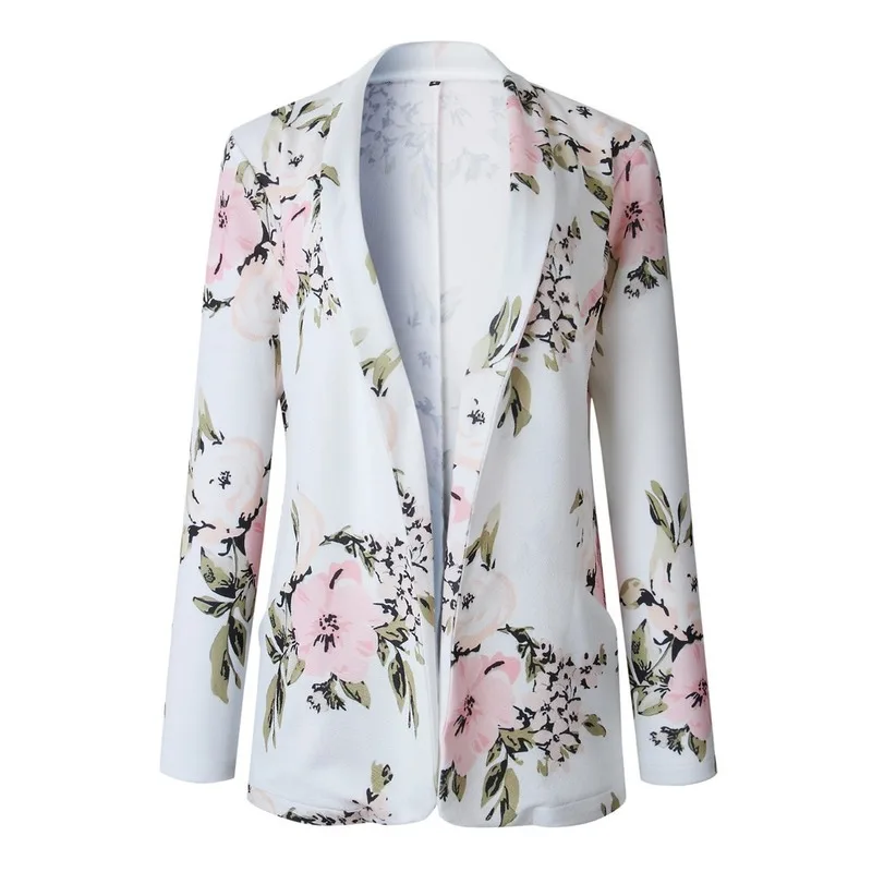 

Elegant Floral Print Buttonless Blazers Women White Mid Length Plus Size Suits 2021 Spring Autumn New Office Work Casual Blazer