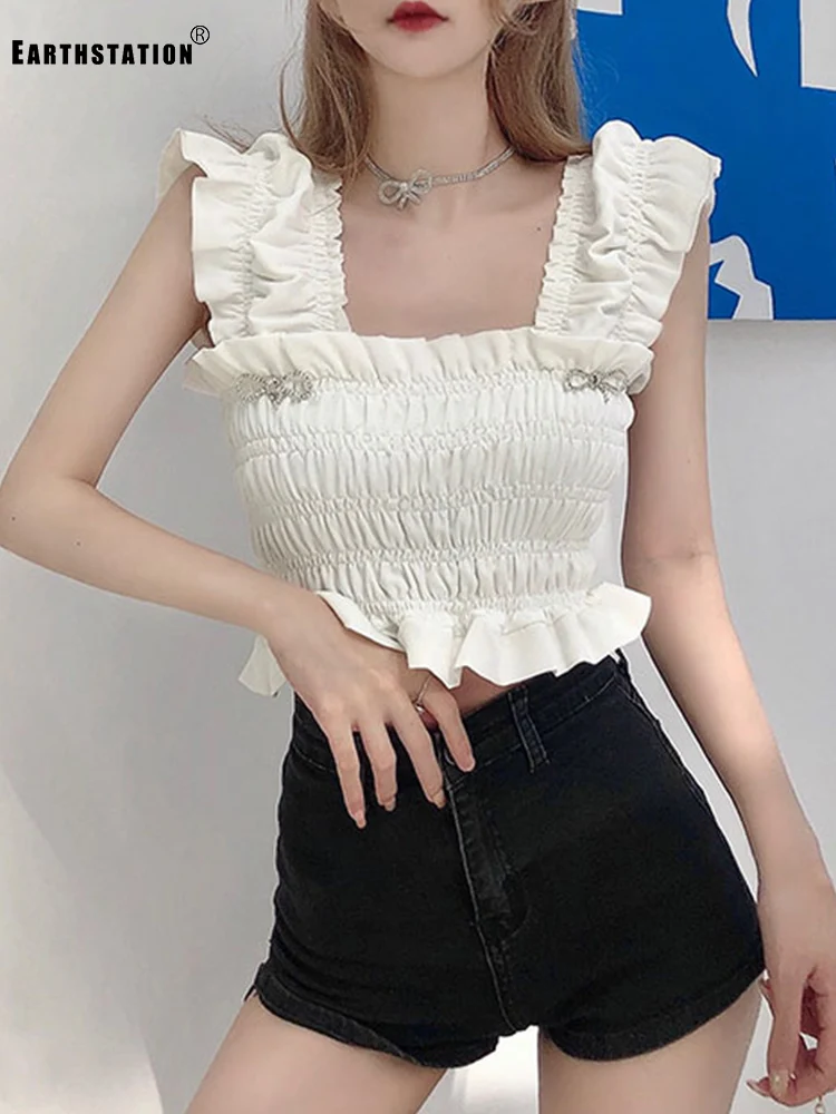 

Женский короткий топ на бретельках, привлекательный эластичный плиссированный топ с квадратным вырезом, без бретелек, с бантом и стразами, ...