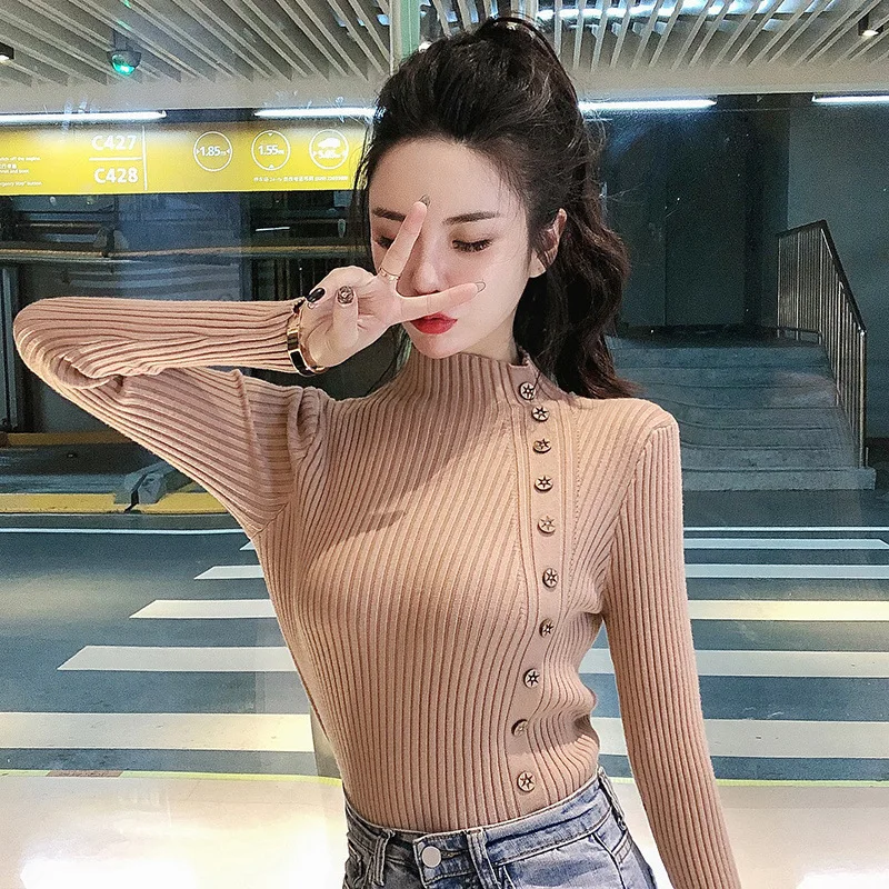 

Women Autumn Winter Fashion Slim Elastic Knitted Sweater Female Casual High Street Tight Turtleneck Pullovers Ladies Tops ML600