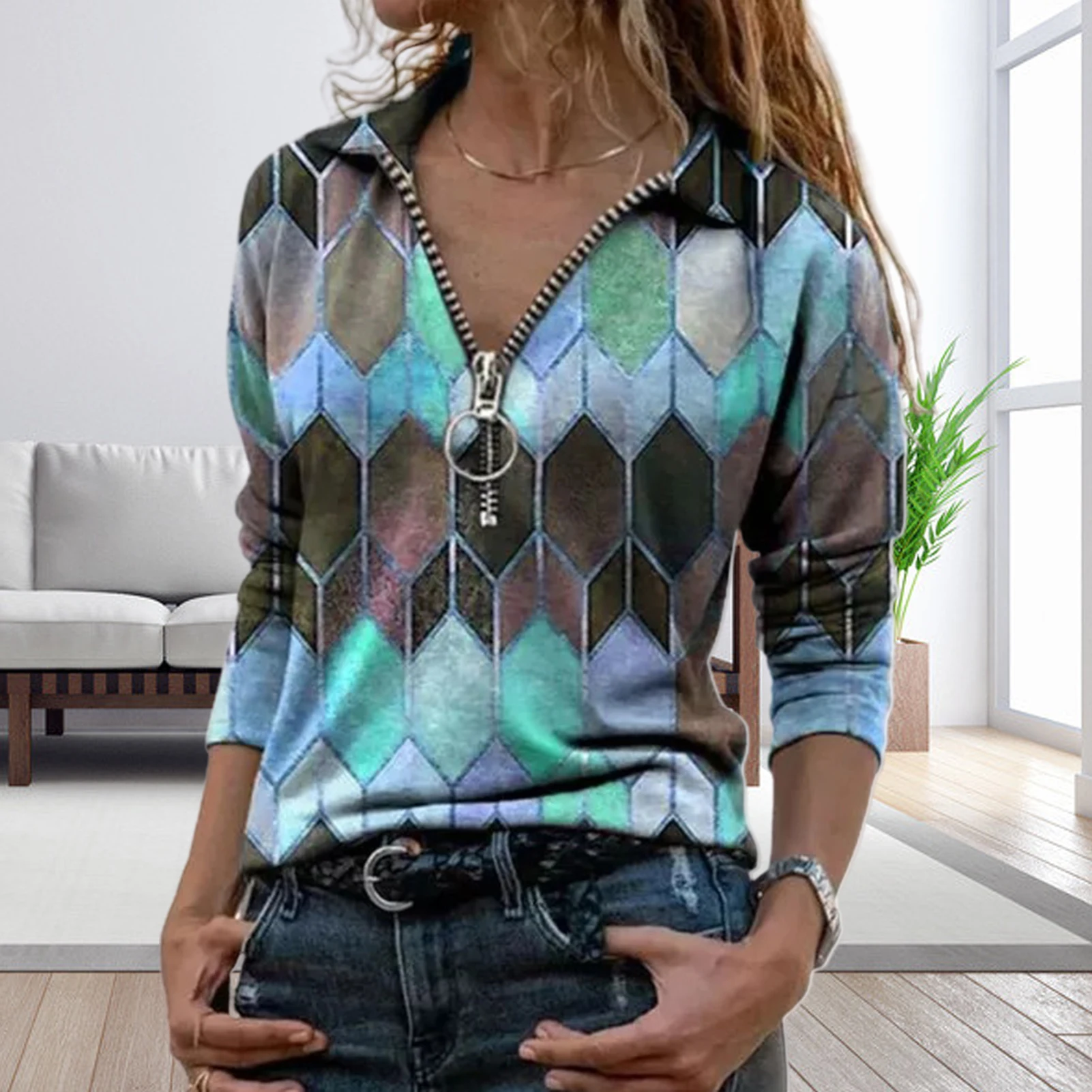 

Fashion Vintage Geometric Shirt Blouse Spring Autumn Long Sleeve Women Tops Pullover Casual Zipper V-Neck Loose Shirts Blusa 3XL