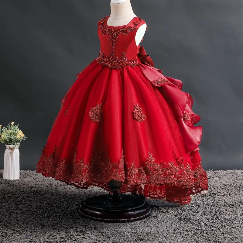Высококачественное новое платье принцессы для девочек в европейском и американском стиле красивое кружевное платье с большим бантом и бусинами для малышей