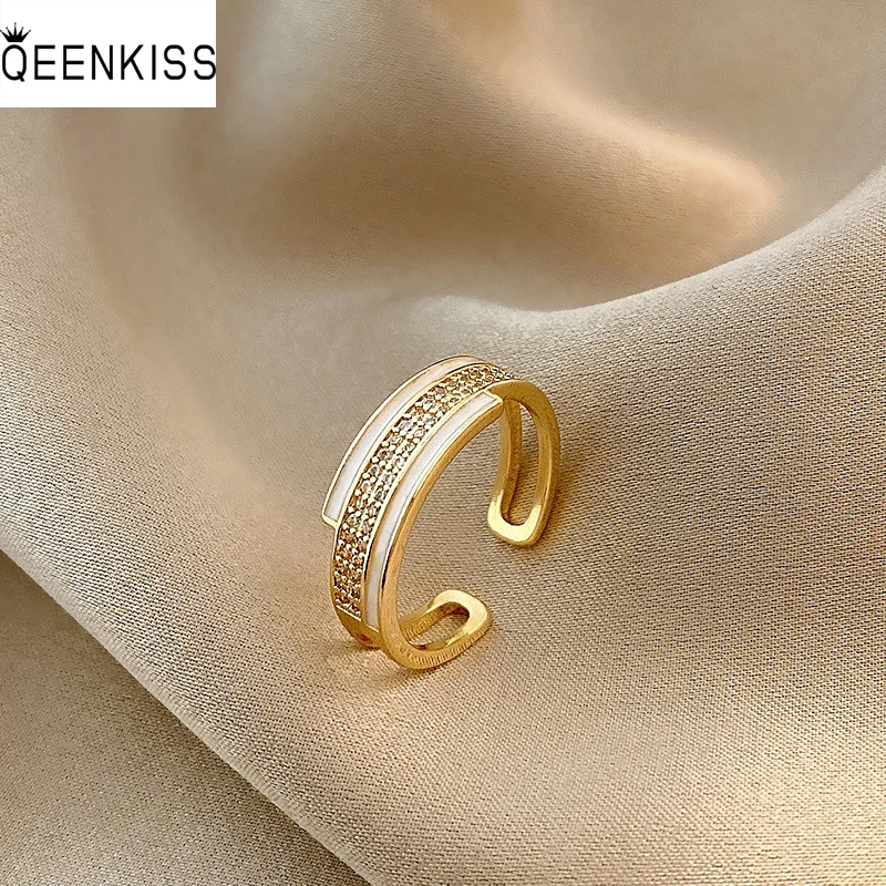

QEENKISS RG7116 2022 Fine Jewelry Wholesale Fashion Trendy Woman Girl Birthday Wedding Gift Studded Hollow Open 18KT Gold Ring