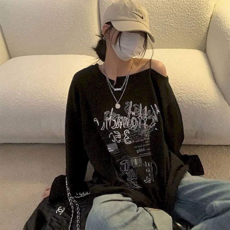 

Женская футболка с длинным рукавом, с открытыми плечами, в стиле Харадзюку