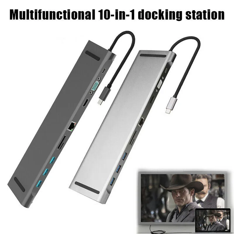 

10 In 1 HUB 4K USB Type-C To USB 3.0 TF HDMI-compatible VGA RJ45 Mini DP Docking Station Aluminium Alloy HUB For MacBook Laptop