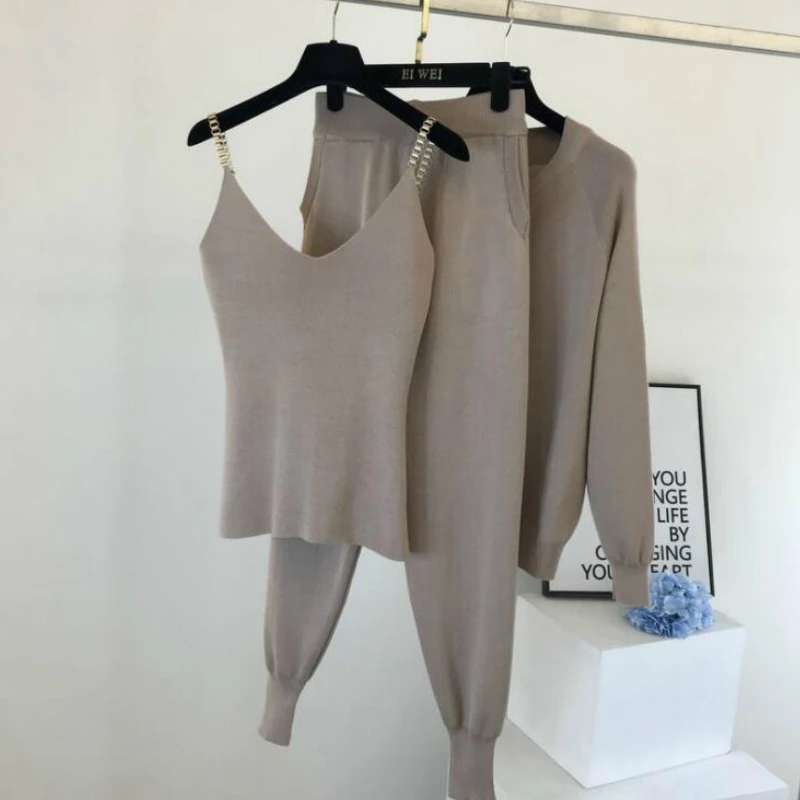 

Женский трикотажный жилет на цепочке и эластичные брюки, комплект из трех предметов, осенняя одежда для женщин, новинка 2020