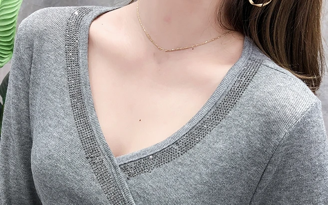 

Fall Winter European Clothes T-shirt Sexy V-Neck Shiny Diamonds Lace Up Women Tops Ropa Mujer Long Shirt Tees 2020 New T08707L