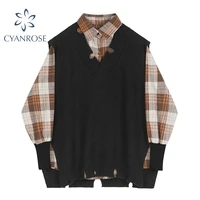 plaid long sleeve shirts and black vest female korean loose preppy style womens two piece sets autumn 2021 fashion new clothing