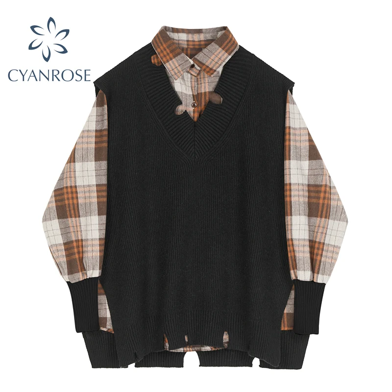 Клетчатая рубашка с длинным рукавом и черный жилет женский свободный комплект из