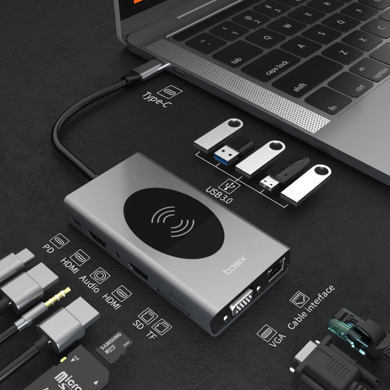 

USB C концентратор многопортовый адаптер Тип C с 4K HDMI * 2 VGA Ethernet Беспроводной зарядки 100 Вт PD/USB/SD/TF карты для Macbook 15/14 в 1