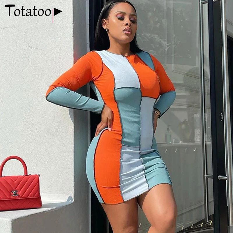 

Totatoop Fashion Colors Patchwork Rib Knit Autumn Dress For Women 2021 O Neck Long Sleeve Bright Line Bodycon Thin Sweater Dress