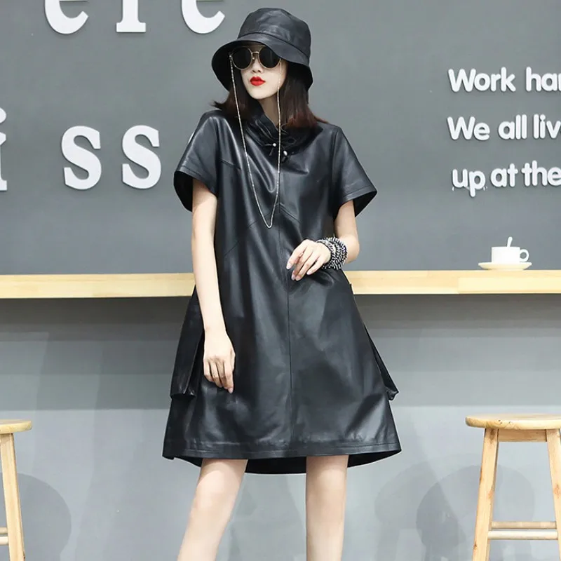 

High Street Harajuku Women Loose Fit Mid Dress Short Sleeve Turtleneck Genuine Leather Dress Pockets Belted Oversized Dresses