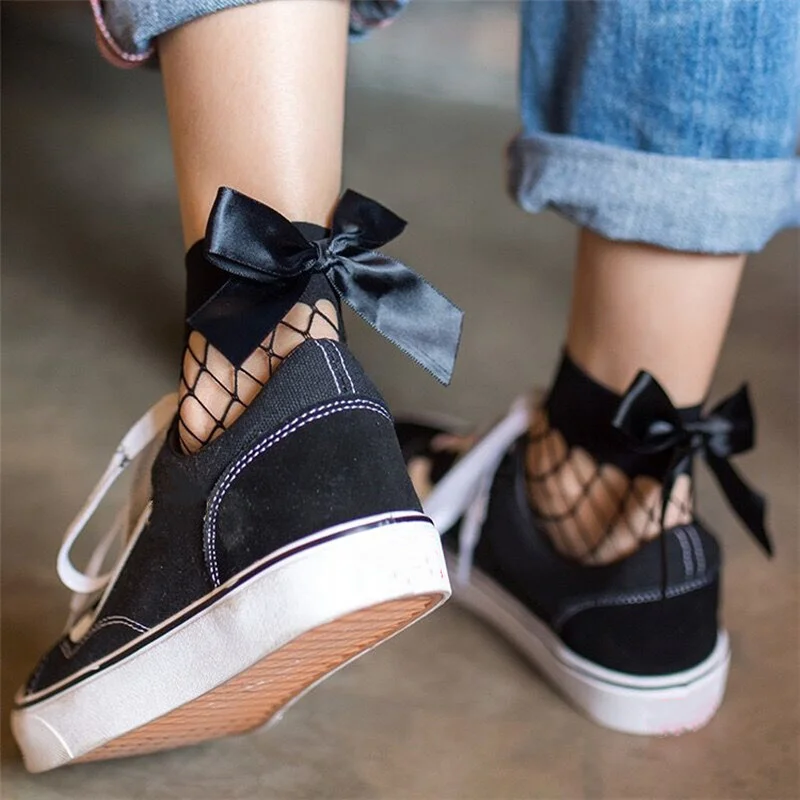 

Clearance Sale Sexy Black Mesh Fishnet Woman Socks Fashion Bowknot Short Socks Japanese Kawaii Cute Bow Ladies Girls Ankle Socks