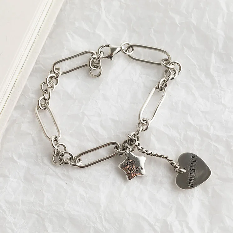 Leouerry 925 Sterling Silver Vintage Heart Star Thick Chain Bracelets for Women Exaggerated Jewelry Charms Bracelet | Украшения и