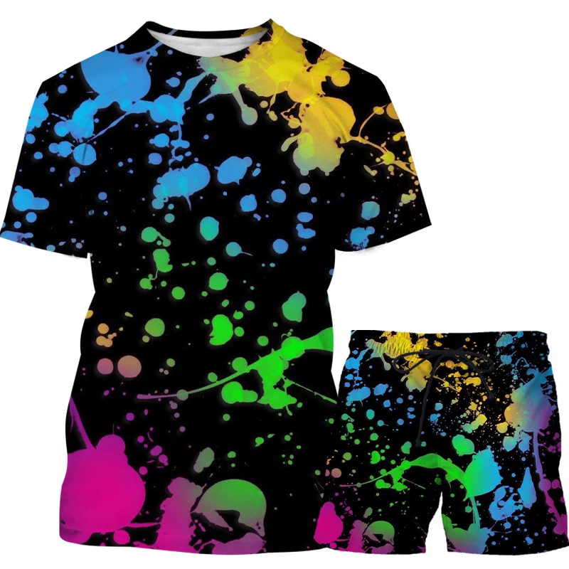 

Summer Multicolor Graffiti 3d Printing T-shirt Men's T-shirt + Shorts O-neck Short-sleeved Men's Suit Beach Pants Sports Suit