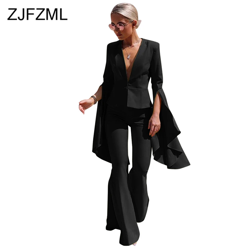 

Autumn Winter 2 Piece Matching Sets Women Costumes Deep V Neck Falre Long Sleeve Blazer+ Bell-Bottom Pants Office Ladies Outfits