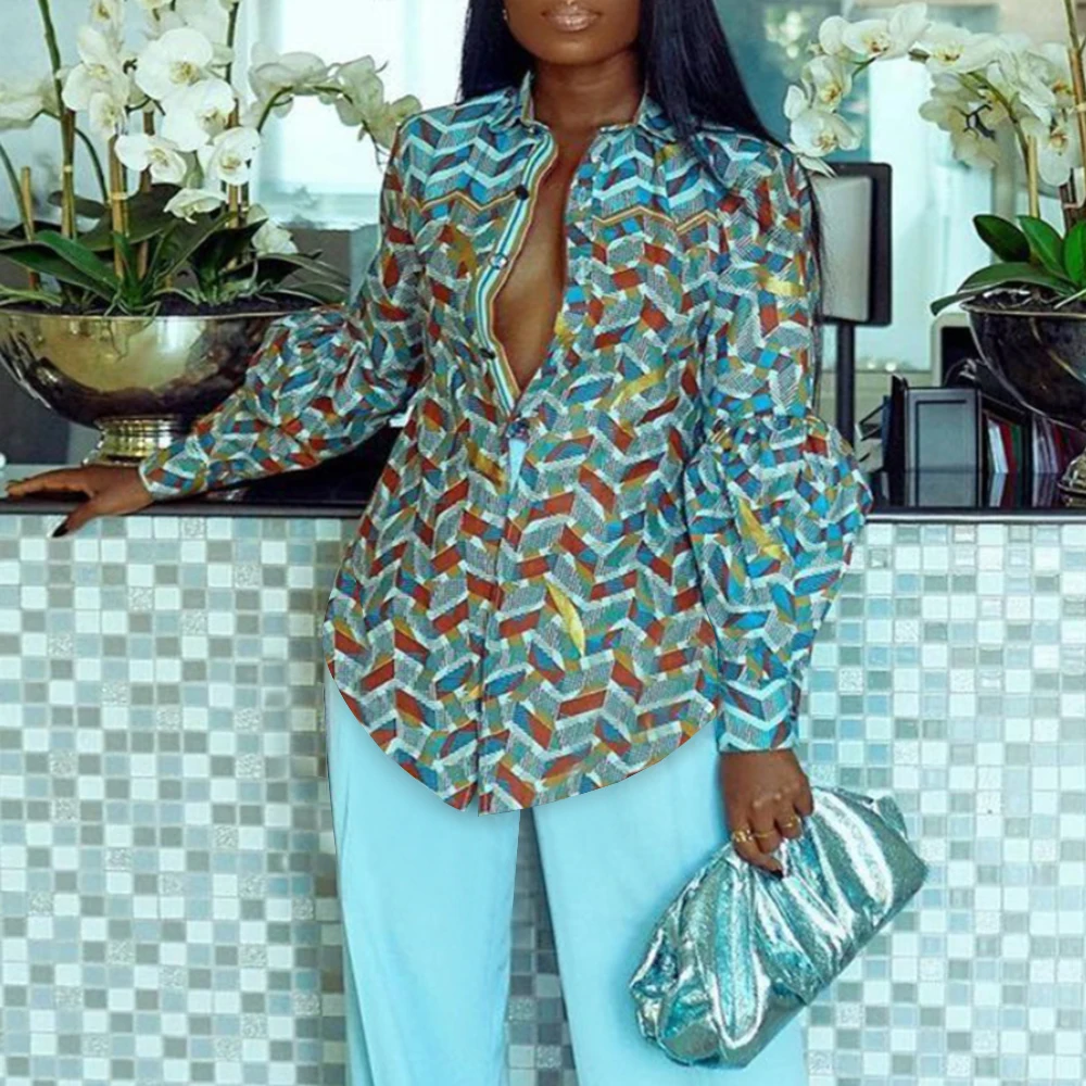 

Women Tops Printed Cardigan Green Lapel Long Sleeve Single Breaste Irregular Shirt 2021 Green Blouse Casual Fashion Long Blouses