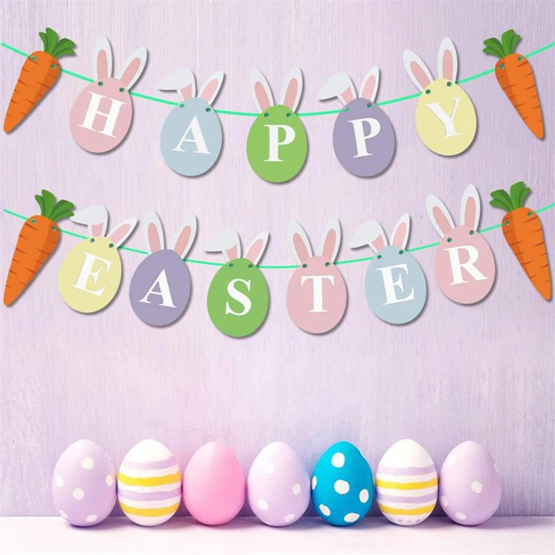

Happy Easter Paper Bunting Banners Easter Bunny Rabbit Flower Eggs Pattern Hanging Garland Flags Home Easter Party Decorations