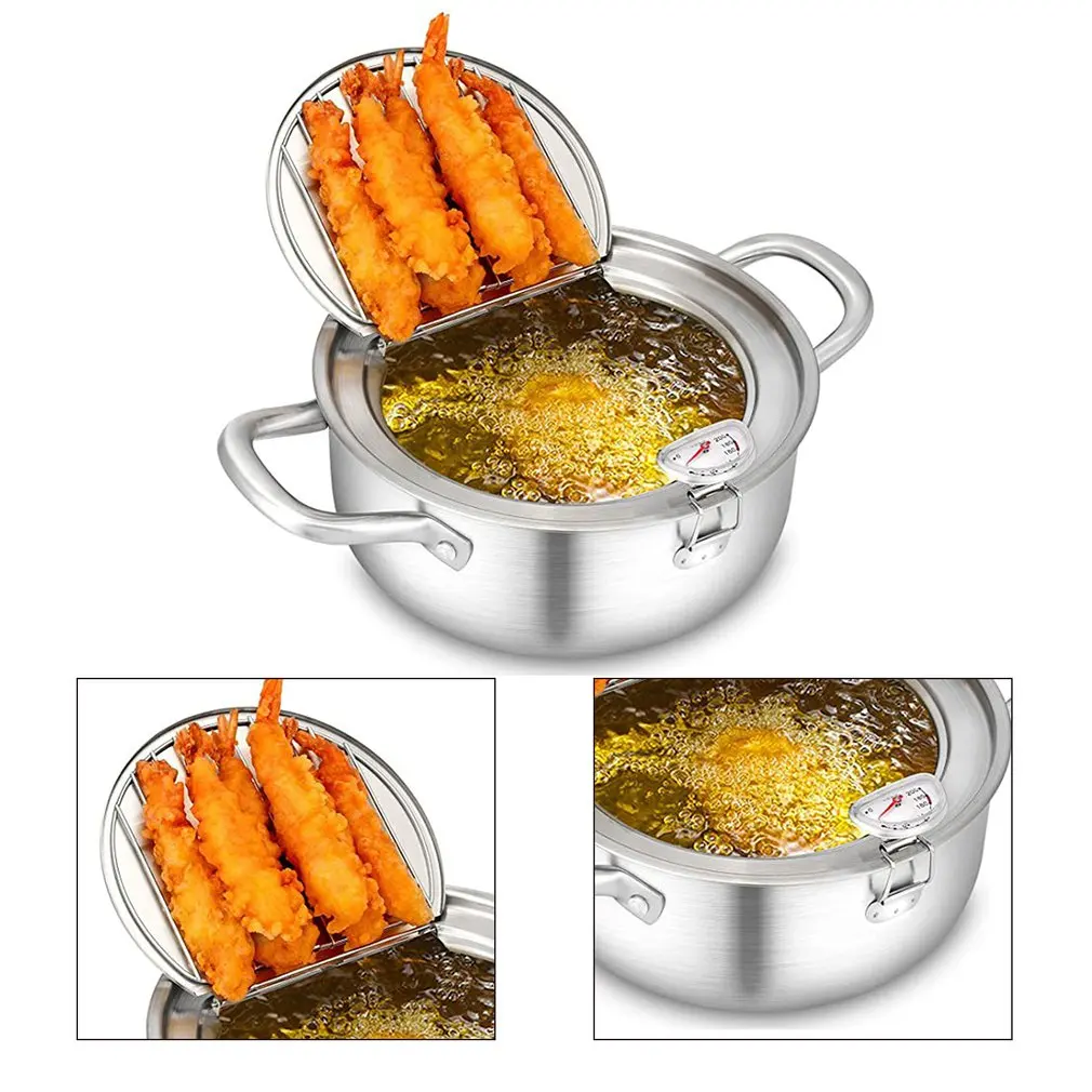 japanese deep frying pot with a thermometer and a lid 304 stainless steel kitchen tempura fryer pan 20 24cm cooking tools free global shipping