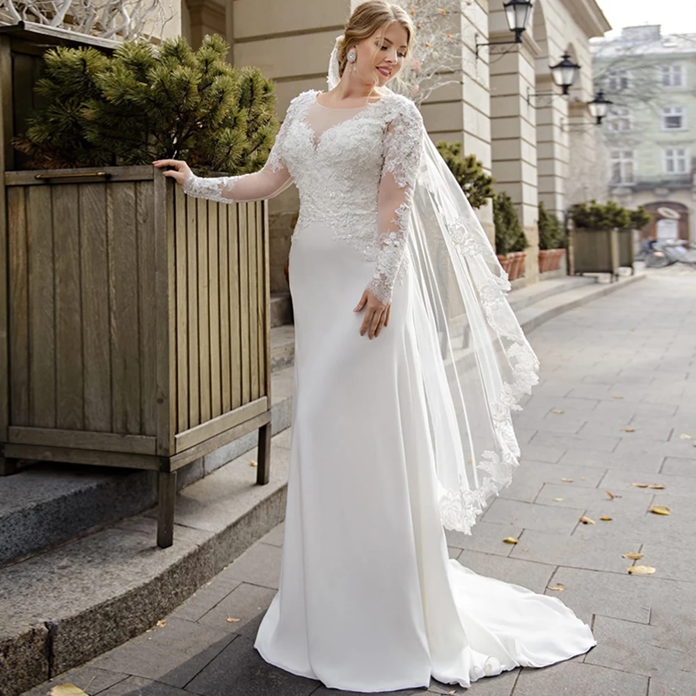 

Sexy Mermaid Wedding Dress Plus Size Scoop Long Sleeve Lace Appliques Sweep Train Bridal Gowns 2021 Vestidos De Noivas