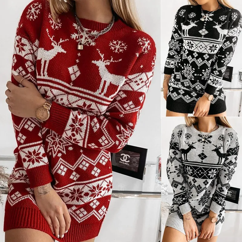 

2021 Ladies New Sweater Elk Snowflake Christmas Jacquard Knitted Dress