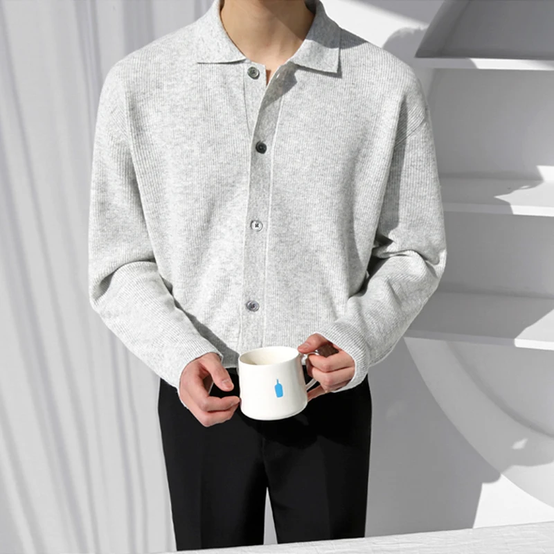 Korean Style Simple Knitted Men's Shirt Fashion Lapel Single Breasted Cardigan Coat Men Autumn Loose Casual Long Sleeve Top Men