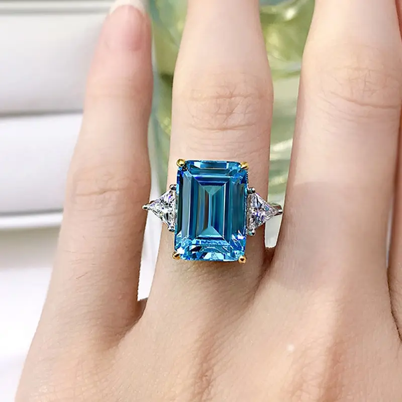 

Jazaz Fine 100% 925 Sterling Silver Sparkling Aquamarine 5A Zircon Rings For Women Anniversary Party High Carbon Diamond B01395