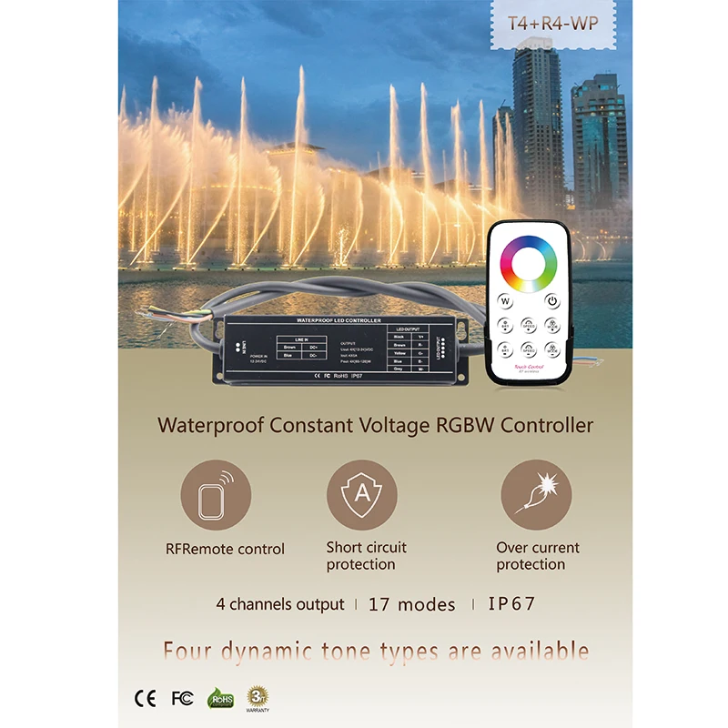 

Bincolor DC 12V 24V Waterproof RGB RGBW Controller BC-R4-WP PWM 5A*4CH dimmer &T4 wireless remote control for RGB RGBW LED Strip