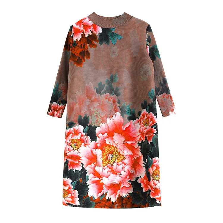 

TVVOVVIN Half High Collar Print Short Dress Women's Spring New Pleated Three Quarter Sleeve Loose Elegant A-line Dress QD7X