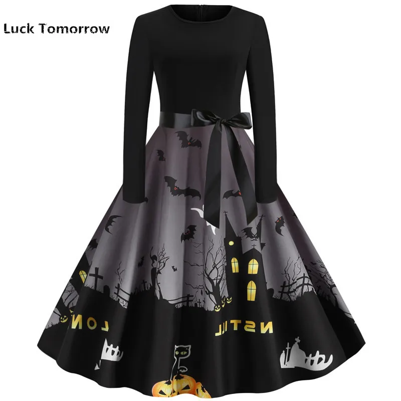 Женское платье с длинным рукавом зеленое в стиле 50-60-х годов тыквой черепом на