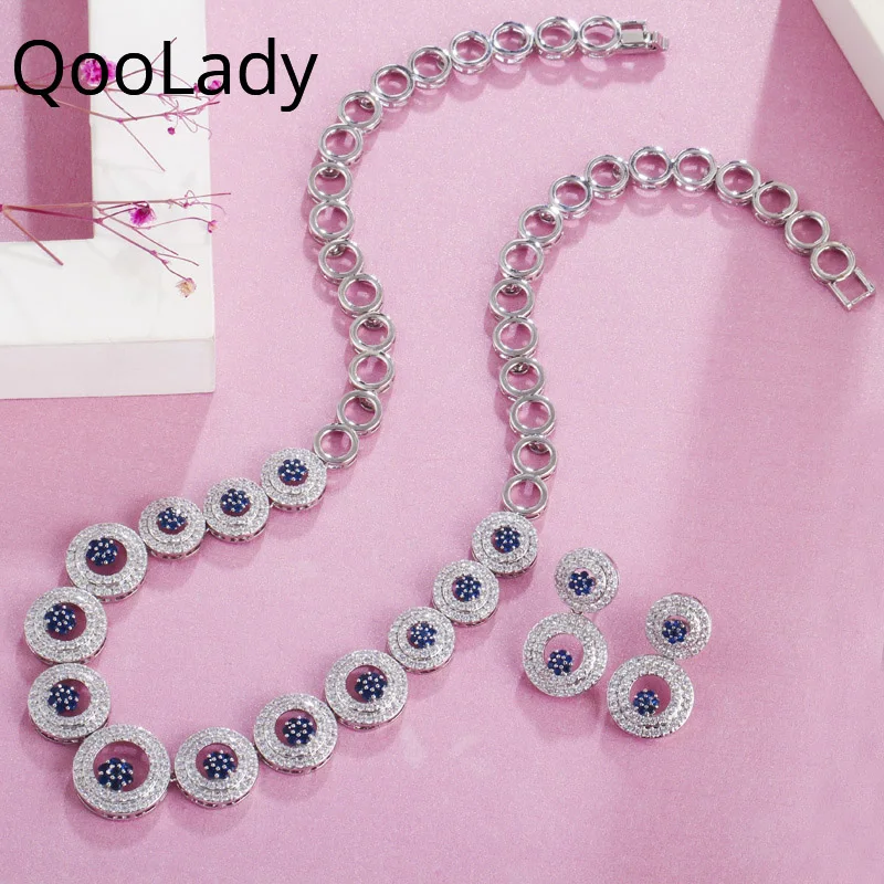 

QooLady Elegant Round Link Blue Micro Pave Cubic Zirconia Choker Necklace Earrings Set for Women Wedding Decoration Jewelry S074
