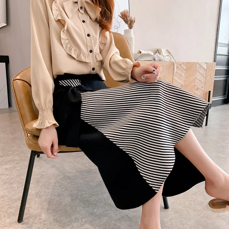 

2020 Autumn High Waist Knitted Fashion Striped Patch Stretch Vintage Women Winter Skirt Faldas Jupe Femme Saia