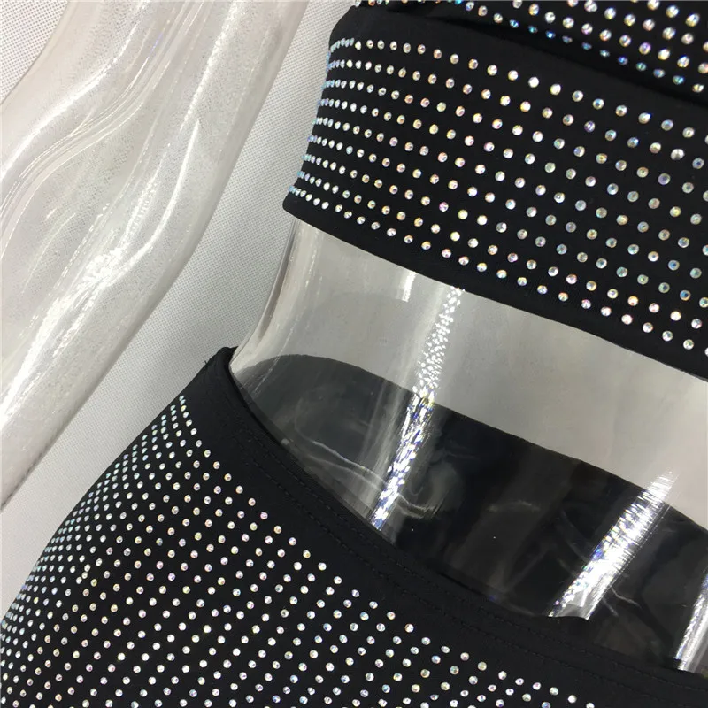 

Hot Rhinestone Two Pieces Women Skirt Outfits Sexy V Neck Halter Backless Zipper Crop Top Wrap Hips Mini Skirt Party Clothing