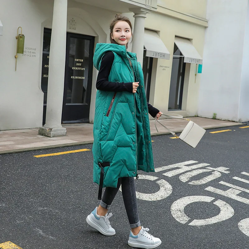 

FOLOBE Down Cotton Jacket Long Vest Women Autumn and Winter New Fashion Hooded Korean Casual Vest Jacket Large Size Warm Soft