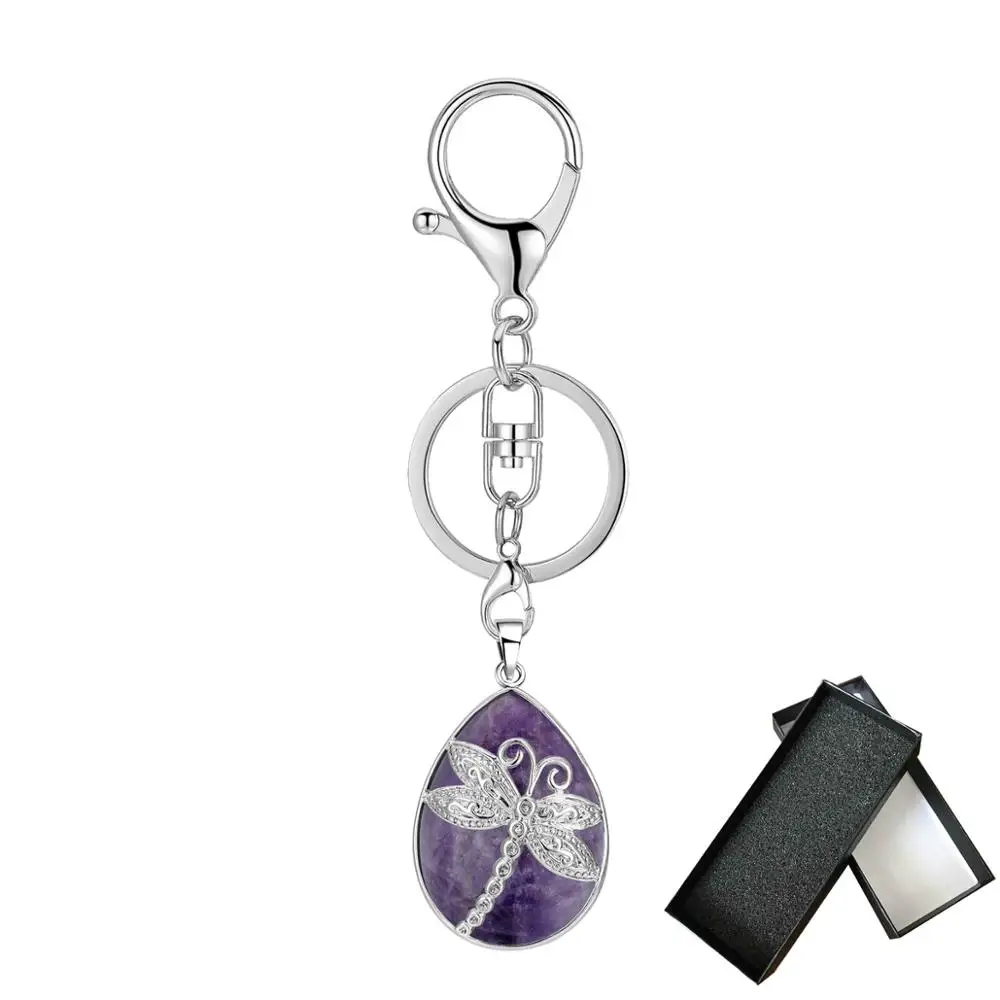 Amethyst BOX ASHMITA Серебряная стрекоза кулон брелок в коробке Природный капли воды капля КАПЛЕВИДНАЯ чакра брелок ювелирные изделия - Цвет: Amethyst BOX