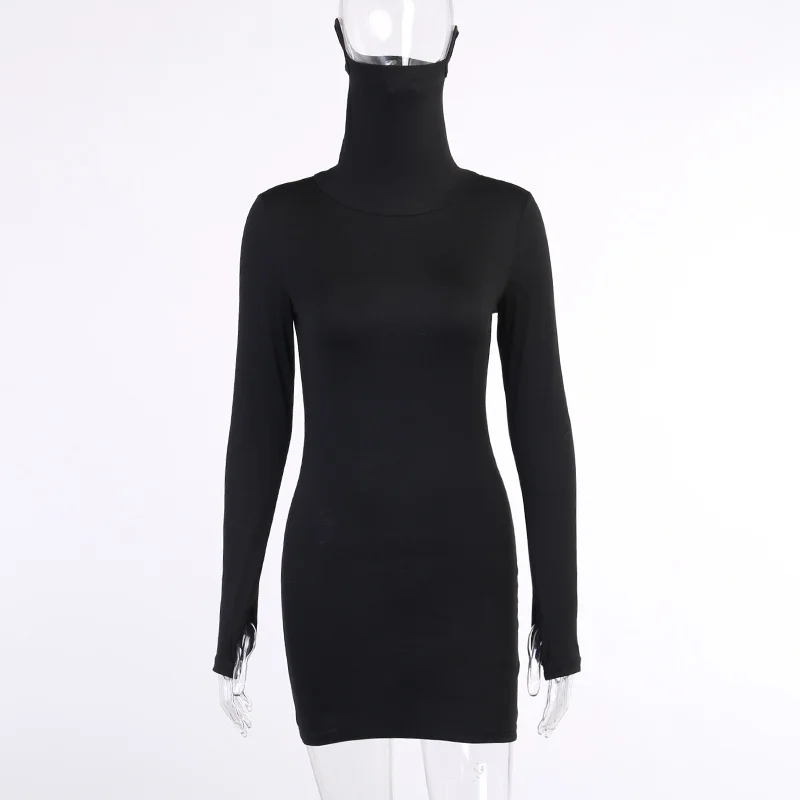 

Female Mini Summer Dress Black Turtleneck Long Sleeve Fashion New Casual England Streetwear Women Skinny A-line Dress Vestido