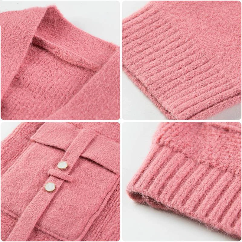 

2020 New Cardigans Women Autumn Sweaters Europe Style 2 Big Pockets Thick Warm Jackets Solid Color Fashion Knit Open Stitch