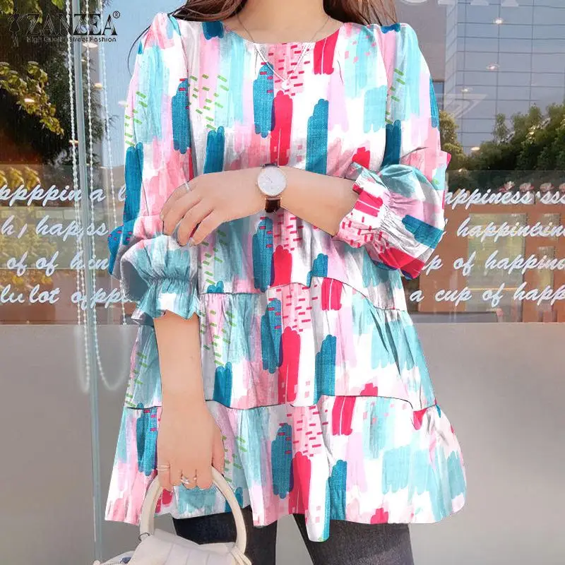 

2021 Women Vintage Printed Blouse Harajuku Spring Ruffle Puff Sleeve Tops ZANZEA Casual OL Patchwork A-line Oversize Blusa Femme