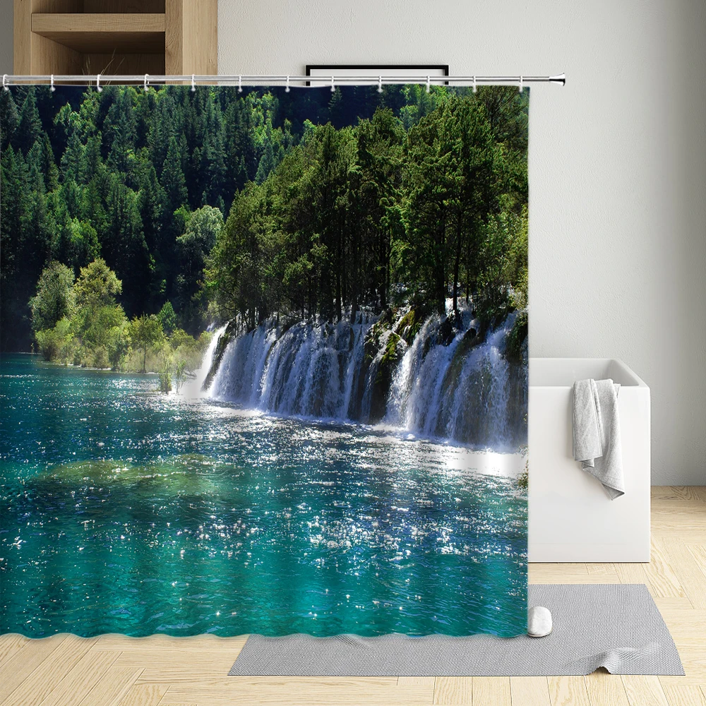 

Forest Waterfall Natural Scenery Shower Curtain Washable Waterproof Cloth Bathroom Decor Bath Screen With Hooks Fabric Polyester