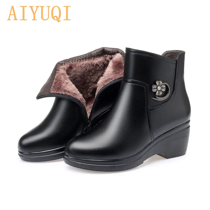 fluff Cowhide AIYUQI Winter Boots Women Genuine Leather Big Size Mother Wedge Boot Black Platform Boots Thick Wool Ankle Boots - Цвет: fluff Cowhide
