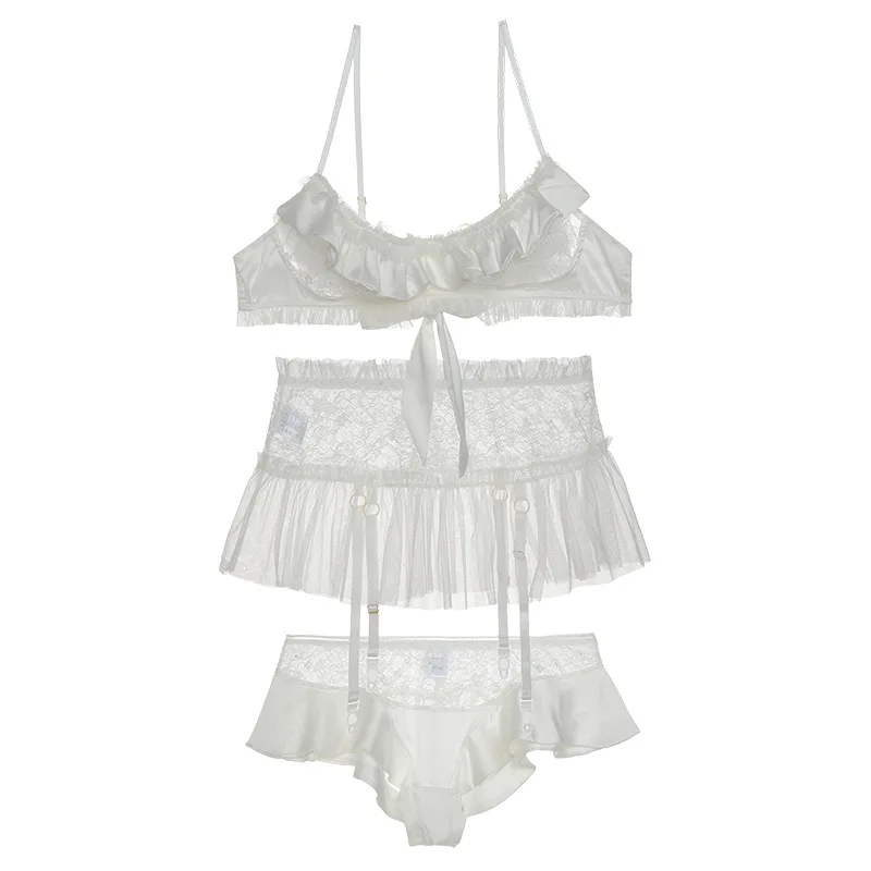 

French White Palace Style Sexy Lace Panties Garter Three-piece Suit Female Thin Section Sexy Transparent Bra Satin Lace Pajamas