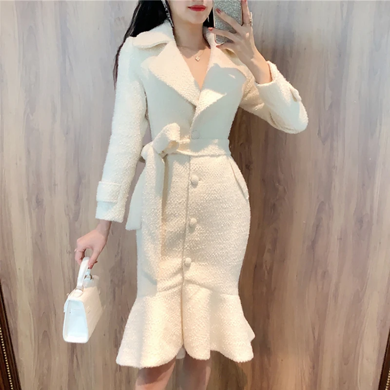 

STREET New HIGH 2021 Fall Winter Designer Coat Women's Belted Mermaid OverCoat