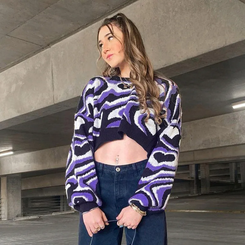 

Y2K Print Cropped Sweater Women Tie Dye Purple Long Sleeve Tops Female Autumn Winter Knitted Wear Street Casual Pullovers Lady