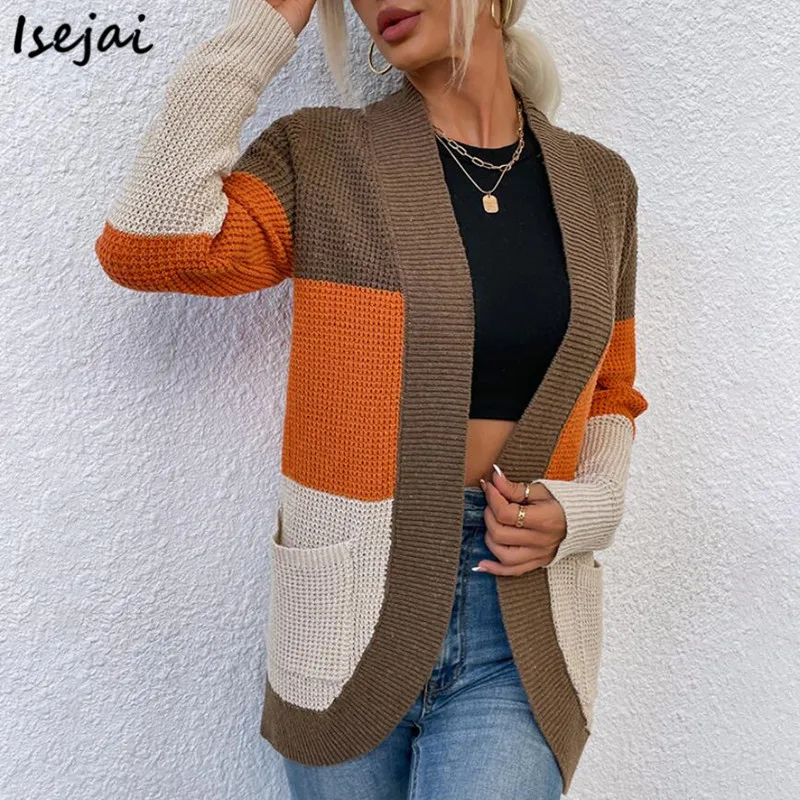 

Contrast Color Pocket Sweater Women Sweater Loose Casual Coat Woman Cardigan Autumn Winter