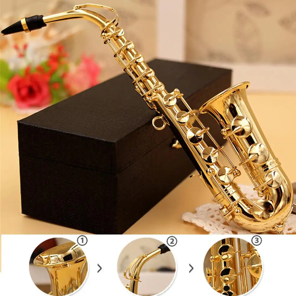 

Mini Saxophone Model Musical Instrument Copper Brooch Miniature Desk Decor Display with box + bracket for Musical instrument