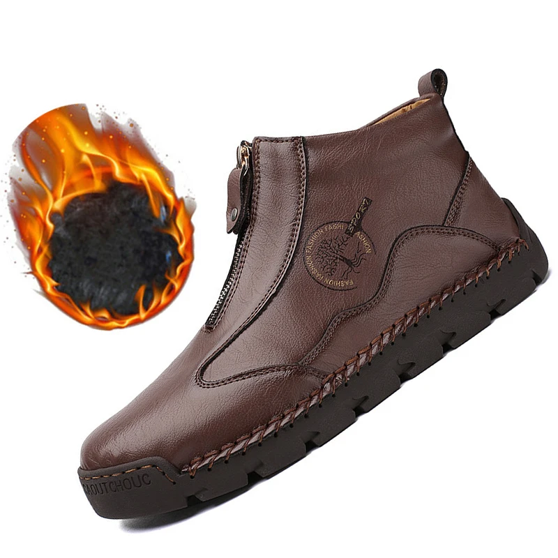 

2021Winter Men's Boots Plush Warm Snow Boots Luxury Leather Metal Outdoor Roman Motorcycle Boots Zapatos De Hombre