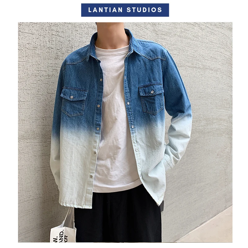 Новинка 2019 джинсовая мужская рубашка с длинными рукавами модные градиентные