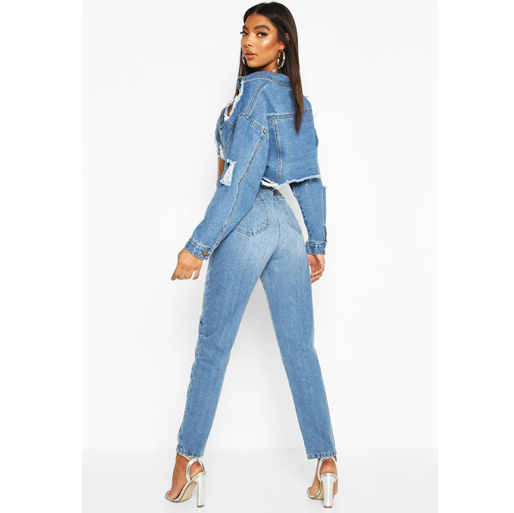 

Ripped Jeans Short Jacket Sexy Women Long Sleeve Elegant Denim Outerwear High Street Coat