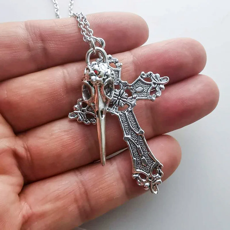 

Cross & Skull Birds Head Pendant Charms Chain Necklace Wicca Pagan Goth Jewelry Statement Necklace Metal Cross Women Girl Gift