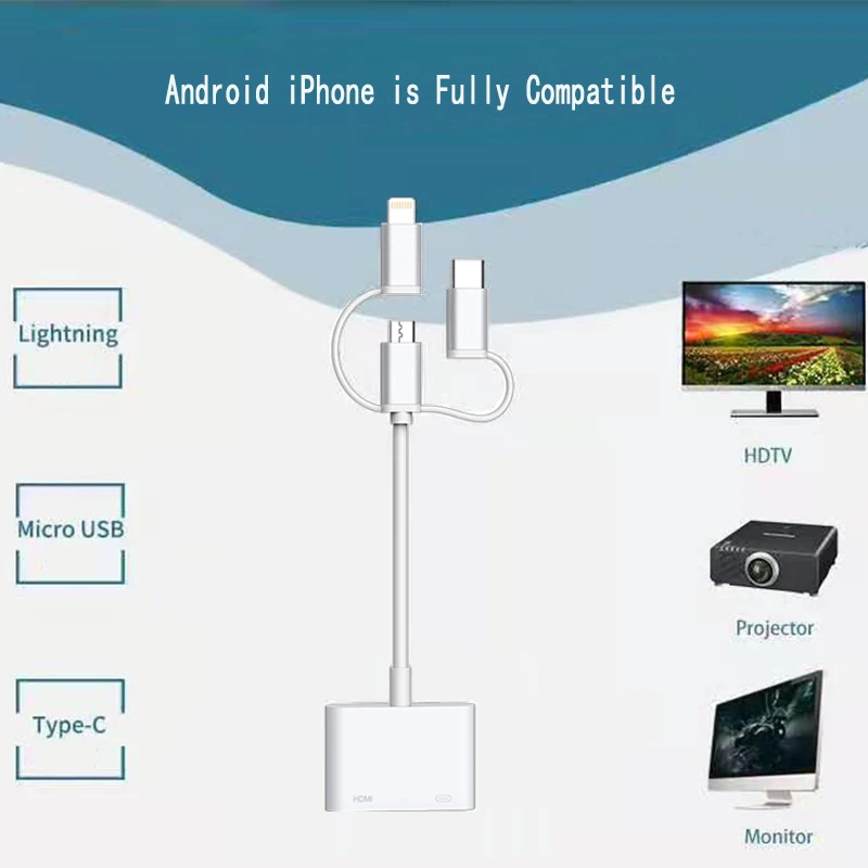 3 в 1 type C Micro USB к HDMI кабель для монитора адаптер iPhone X XS MAX samsung S10 + iOS Lighting Android телефон
