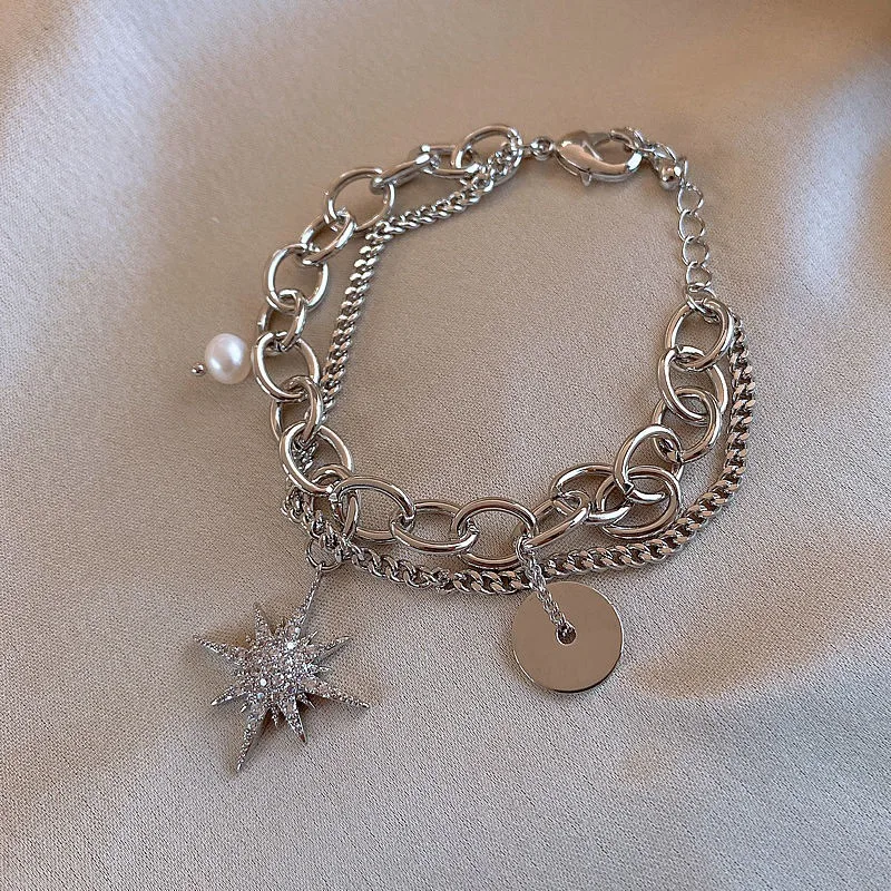 

Korean Dongdaemun Personality Eight Awn Star Pearl Bracelet Fashion Temperament Net Red Simple Retro Round Player Ornam